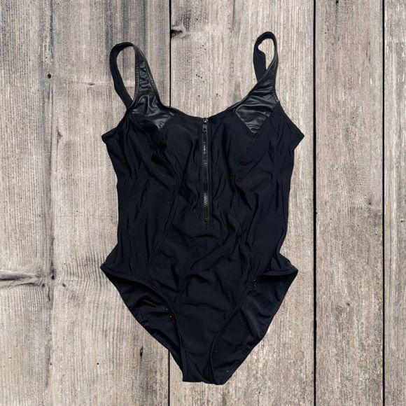 Aqua Green Other - Aqua Green Women's Black Zip Up Faux Leather Trim One Piece Swimsuit Medium NWOT